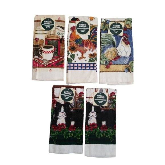 Lot of 5 Colorful Kitchen Towels NOS 100% Cotton Chickens, Cats and Coffee - Picture 7 of 10
